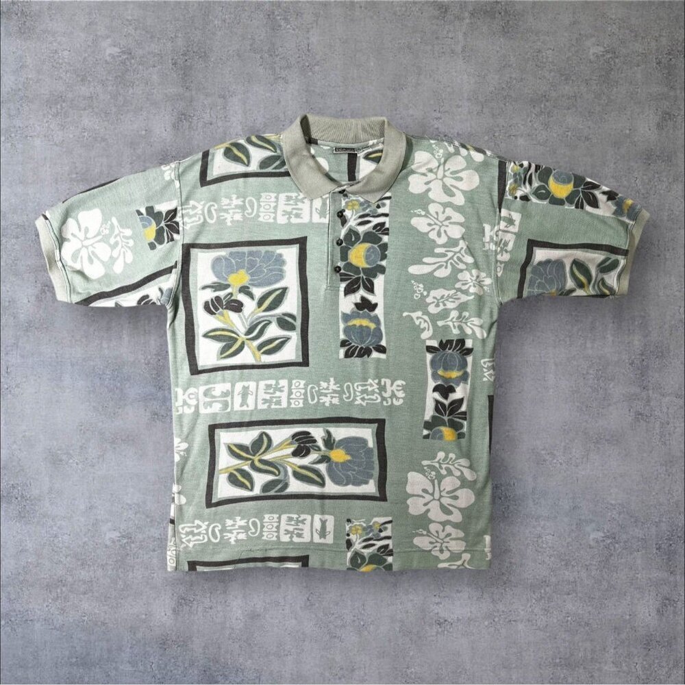 Vintage Bugle Boy Polo Shirt Mens Large Floral Asian Print Green Retro 90s Vibes